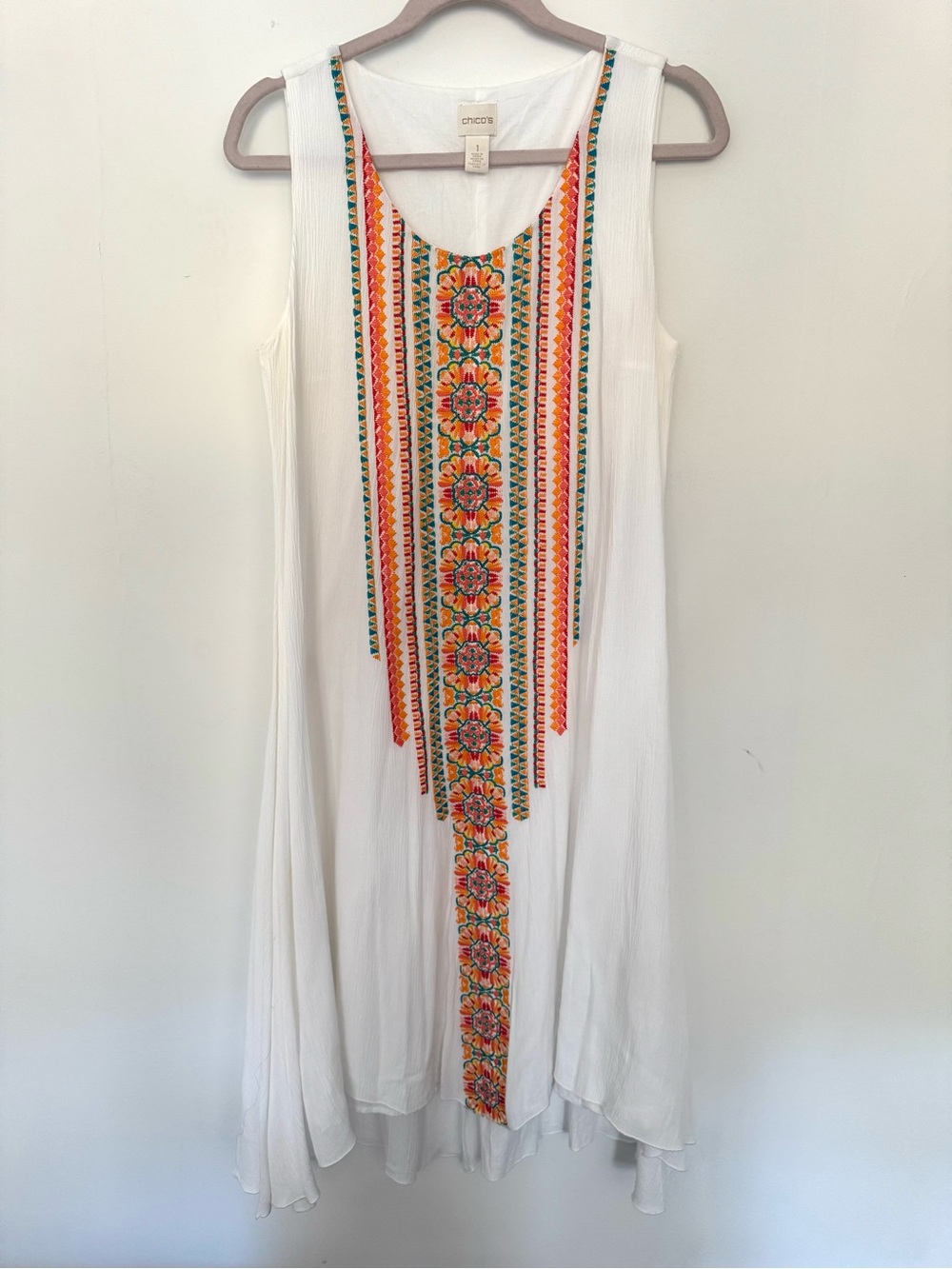 Chico's White Sleeveless Embroidered Striped Tank Dress